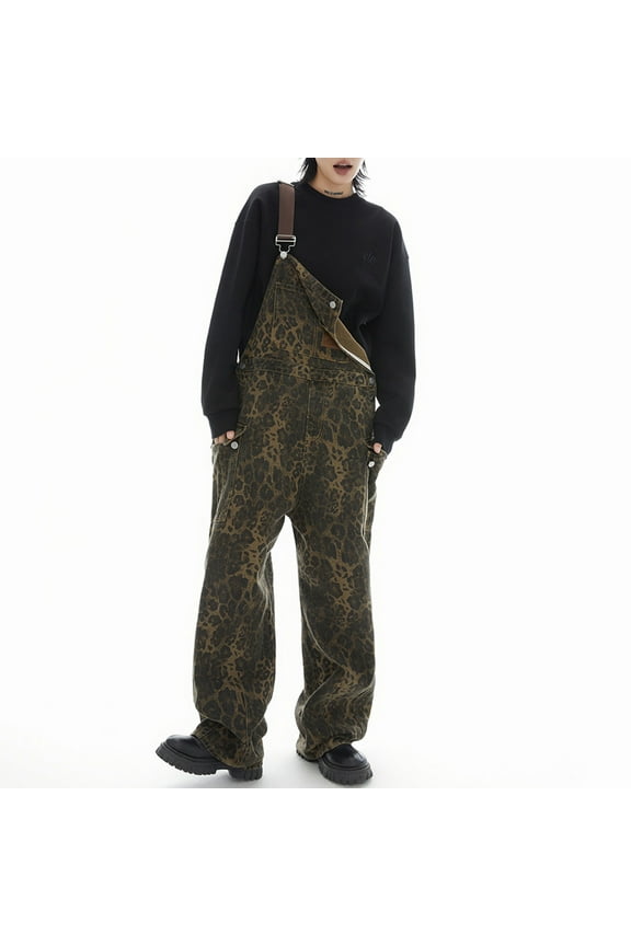 Women Casual Denim Overalls 2025 Trendy Leopard Printed Jumpsuits Adjustable Strap Wide Leg Rompers Y2K Streetwear Sales Today Clearance Brown M