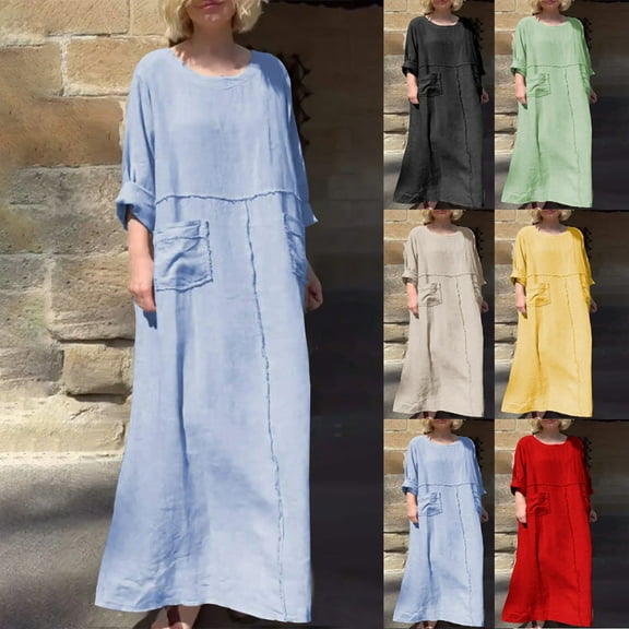 Jinhomg Women Casual Long Sleeve Maxi Dress Lightweight Cotton Linen Beach Loose Fit Comfy Crewneck Midi Dress 2025 Spring Dresses with Pocket Spring Saving Beige M