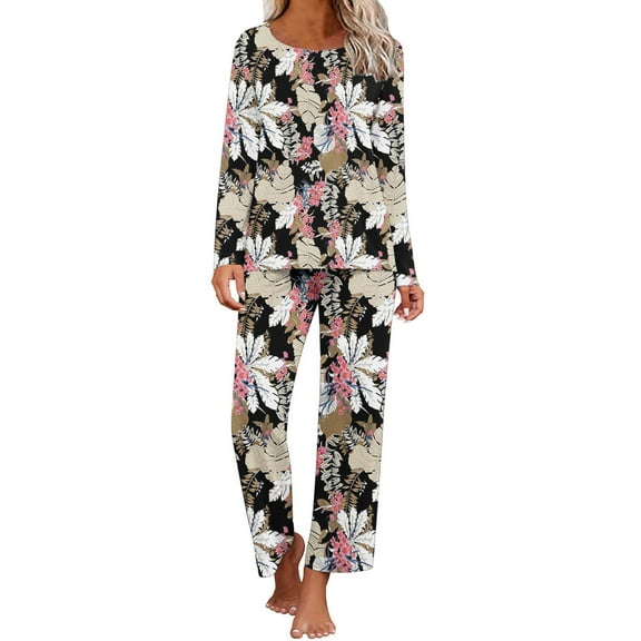 Jinhomg Women Cute Floral Pajamas 2 Piece Casual Sleepwear Outfits Comfy Long Sleeve Crew Neck Tops and Straight Leg Pants Set Summer Saving Pink XL