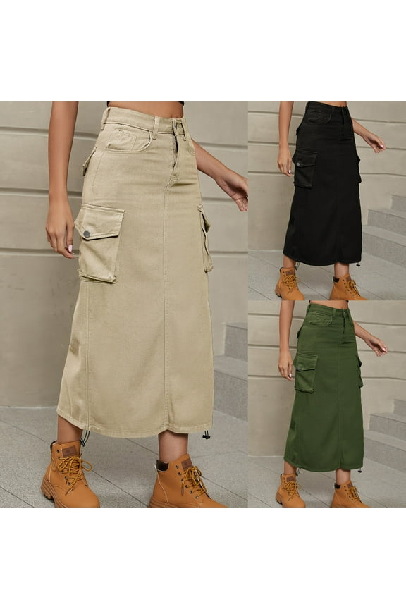Women Denim Cargo Long Skirts Casual Solid High Waisted Pencil Skirt Baggy Comfy Maxi Length Jean Skirt with Multi Pocket Army Green XL