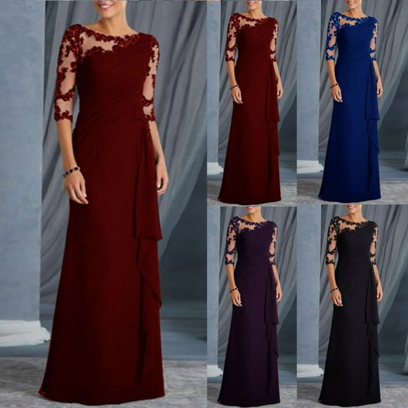 Jinhomg Women Elegant Lace Dress 2025 Trendy Patchwork Irregular Hem Party Evening Dresses Mother of The Bride Maxi Dress Wine XL