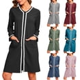 thumbnail image 1 of Jinhomg Women Fashion Zipper Front Robes Long Sleeves Warm Sleepwear Zip Up Bathrobes Striped Short Nightgown with Pockets Light Blue,L, 1 of 7