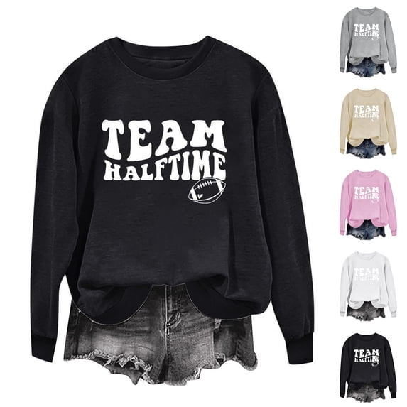 Jinhomg Women Football Sweat Shirt 2024 Trendy Letter Print Pullover Lightweight Comfortable Long Sleeve Crewneck Sweatshirts Fall Casual Streetwear Tops Winter Saving Black XS