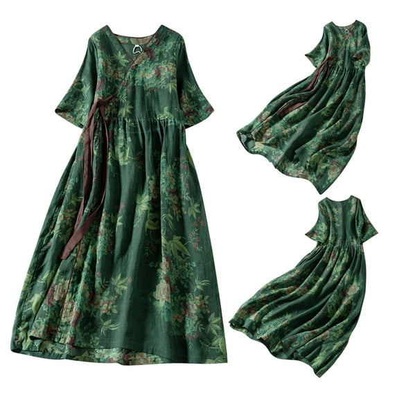 Jinhomg Women Korean Style Dresses 2025 Trendy Floral Print Lace-Up Waist Shirt Dress Casual Comfy Cotton Linen Half Sleeve A-Line Maxi Dresses Limited Time Green XL