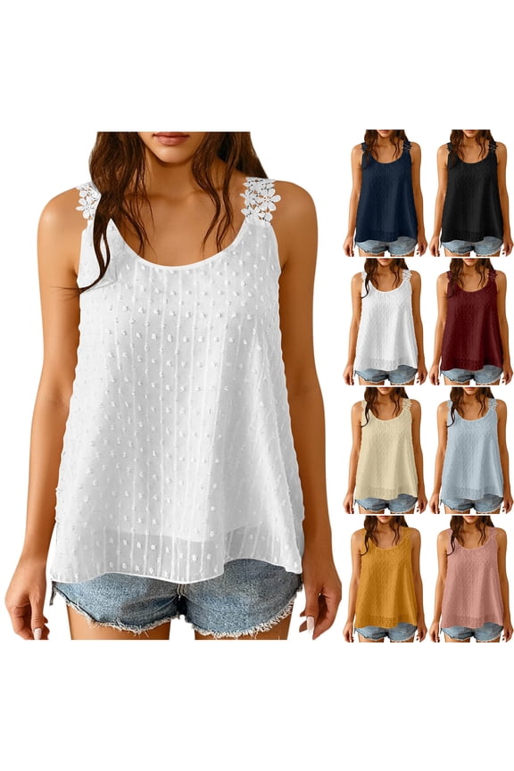Women Lace Straps Tank Top Dressy Casual Summer Sleeveless Cami Tops Double Layers Flowy Chiffon Blouses White L