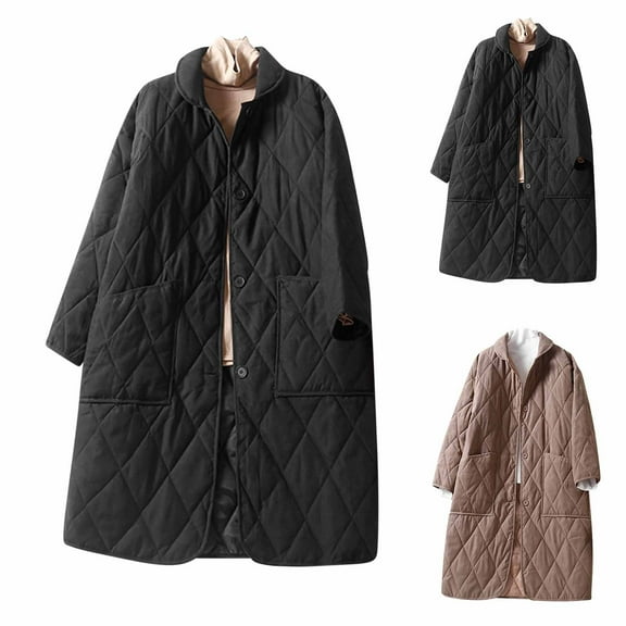 Jinhomg Women Long Quilted Coat Lightweight Comfy Button Down Hooded Puffer Coat Casual Warm Outerwear with Pockets Spring Saving Today Clearance Khaki L