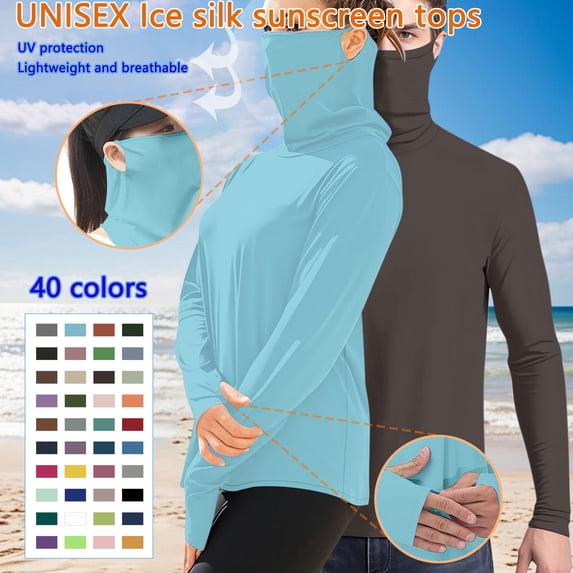 Jinhomg Women and Men Sun Shirt Big and Tall Outdoor Hiking Shirt With Mask Lightweight Cool Long Sleeve Ice Silk Athletic Tops Unisex Summer Rash Guard Sky Blue L