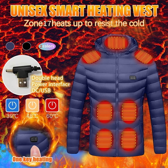 Jinhomg Women Mens Heated Jacket Lightweight Thermal 17 Heated Zones Heating Coat Unisex Comfy Slim Fit Winter Hooded Puffer Coats Without Battery Blue XL