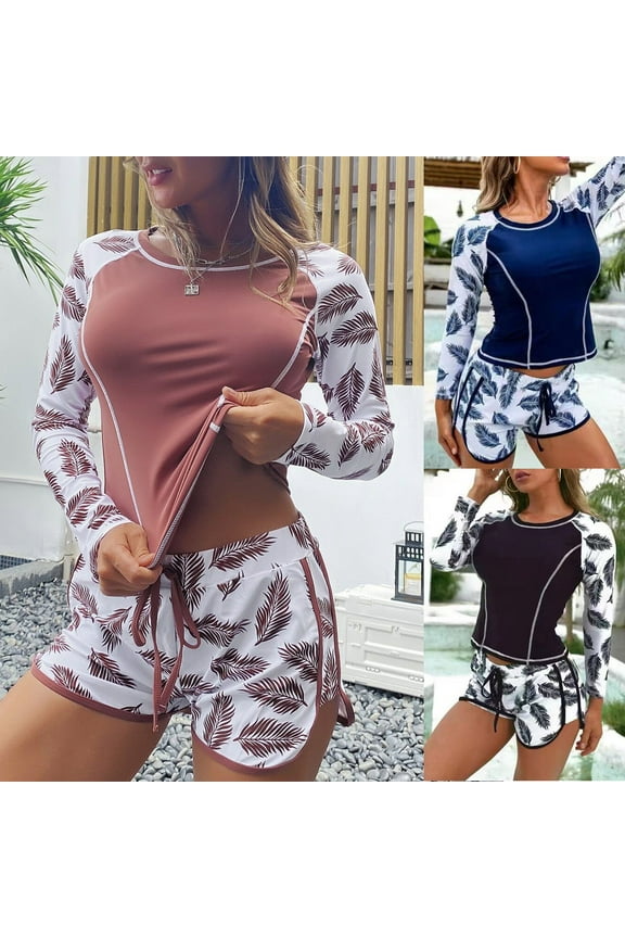 Women Modest Swim Suit 2 Piece Trendy Tropical Print Bathing Suits Long Sleeve Swim Shirts with Shorts Summer Rash Guard Swimwear Sales Today Black L