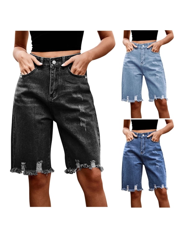 Women Ripped Bermuda Jeans Shorts Retro High Waisted Denim Shorts Frayed Edges Tassel Hem Distressed Knee Length Jorts with Pockets Dark Gray,S