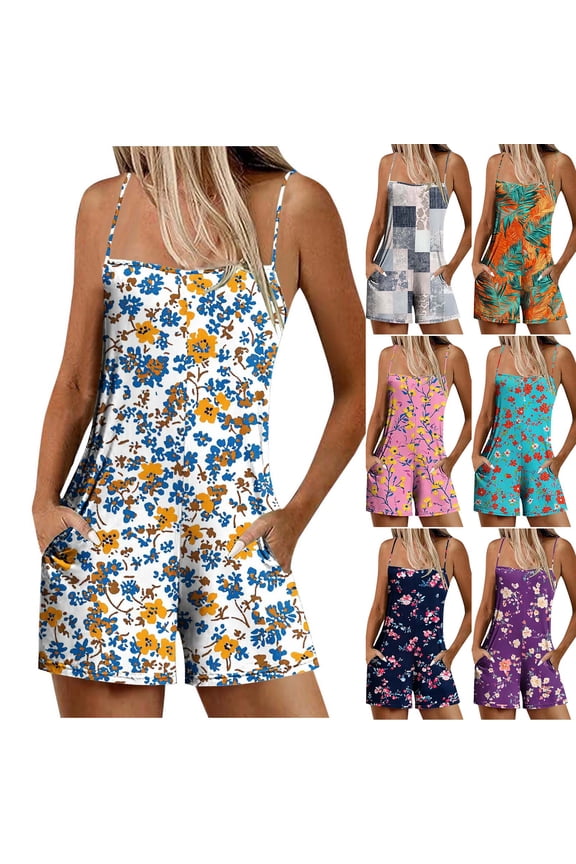 Women Sleeveless Rompers Summer Casual Spaghetti Strap Shorts Overalls 2025 Trendy Tropical Boho Floral Print Jumpsuit with Pockets Multicolor M