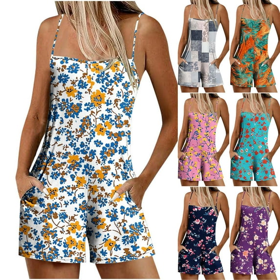 Jinhomg Women Sleeveless Rompers Summer Casual Spaghetti Strap Shorts Overalls 2025 Trendy Tropical Boho Floral Print Jumpsuit with Pockets Multicolor XL