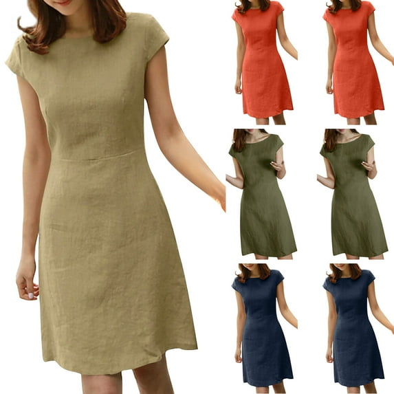 Jinhomg Women Summer Dresses 2026 Casual Solid Backless Zipper Vacation Dress Plus Size Comfy Cotton Linen Boat Neck Cap Sleeve Midi Dress Khaki XL