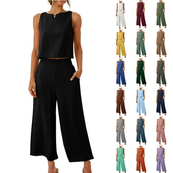 Jinhomg Women Summer Fashion 2 Piece Outfits Sleeveless V-Neck Crop Tops with Wide Leg Capris Lightweight Breathable Cotton Linen Sets Going Out Wear Army Green S