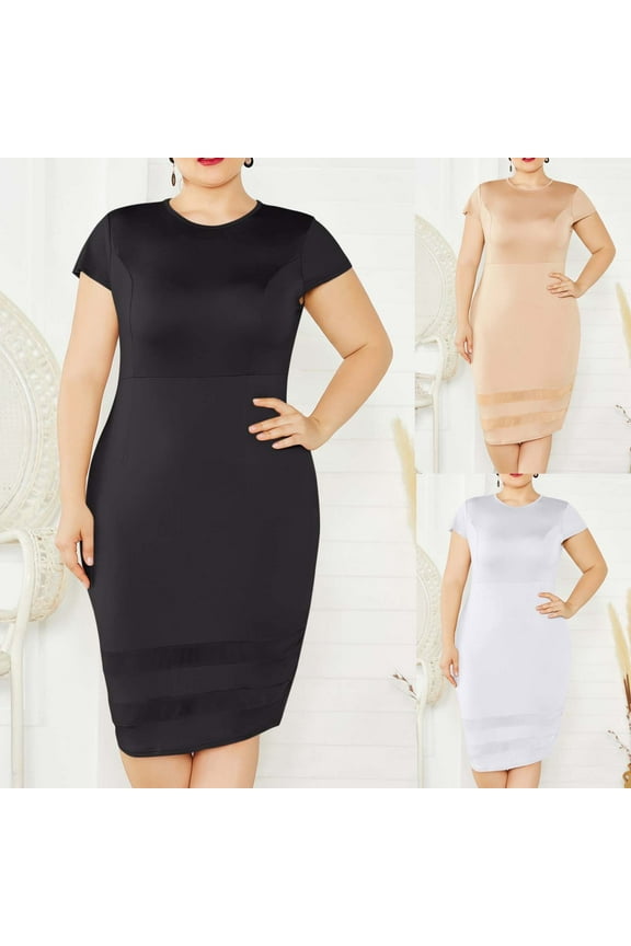 Women Summer T Shirt Dress Elegant Short Sleeve Midi Bodycon Dress Plus Size Crew Neck Pencil Fitted Dress formal Wedding Work Dresses Khaki XL