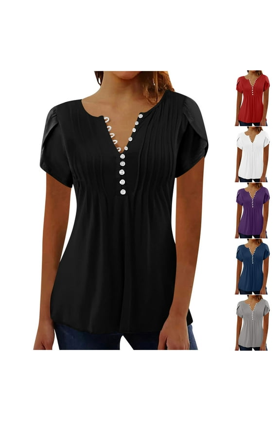 Women Summer Tops 2025 Trendy Plain Solid Color Tunic Blouses Loose Short Sleeve Button Up Henley Shirts Spring Summer Casual Clothing Blue M
