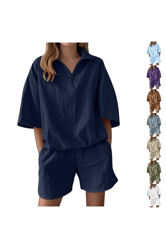 Women Sweatsuits Casual 2 Piece Sets Solid Color Tracksuits Zip Up Laple Short Sleeve Shorts Jogger Sets Beige,S