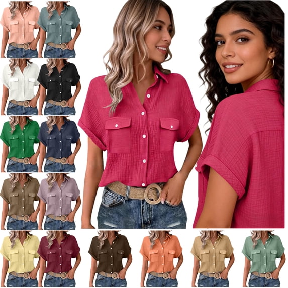 Jinhomg Women Teacher shirts Shorts Sleeve Casual Button Down Shirts Business Office Work Outfits with Pocket Purple L