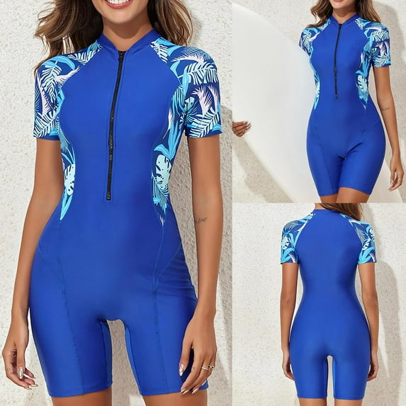 Jinhomg Women Two Piece Rash Guard Swimsuit Trendy Tropical Print Swimwear Modest Short Sleeve Zip Front Surfing Bathing Suits Sales Today Clearance Blue L
