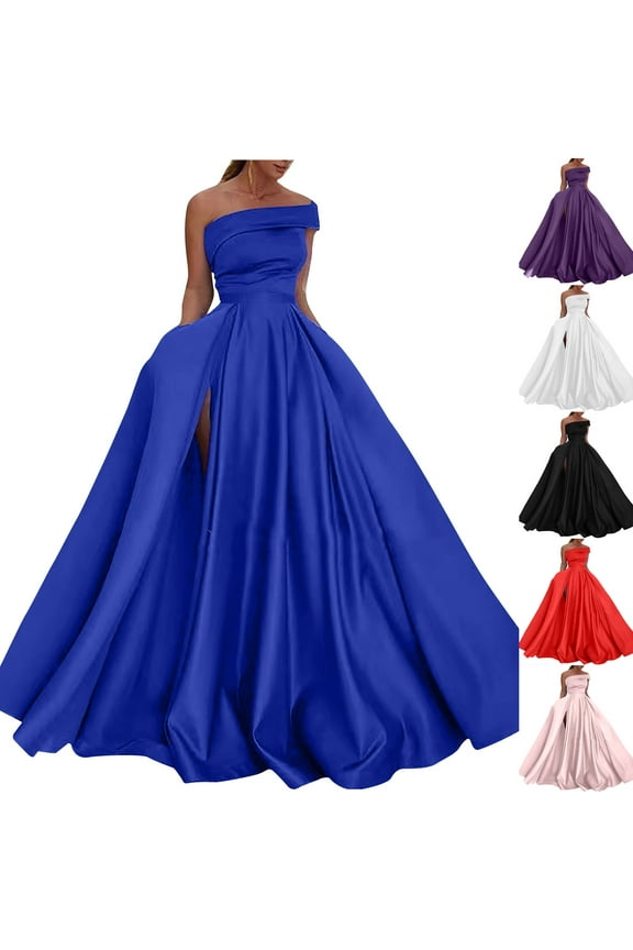 Women formal Gowns Fashion off Shoulder Floor Length Evening Dresses Puffy Sleeveless Slit Ball Gown Plus Size Evening Dress with Padded White M