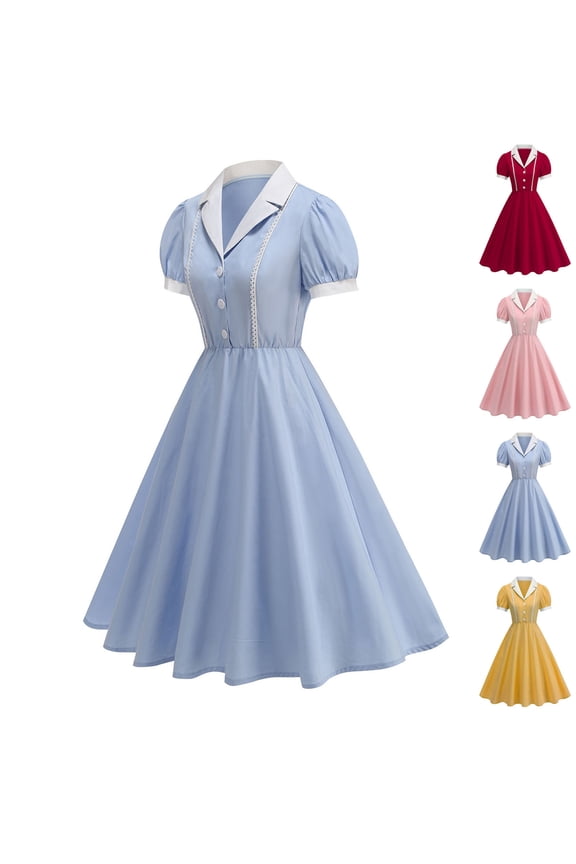 Women's 1950s Retro Dress Short Sleeve Collared Midi Dresses Ruffled A Line Swing Dress Tea Party Cocktail Rockabilly Dresses