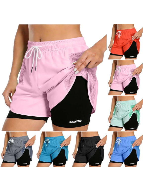 Women's 2-In-1 Athletic Shorts with Compression Liner Breathable Double Layer Workout Shorts Elastic Drawstring Waist Quick Dry Running Shorts Black,XXL