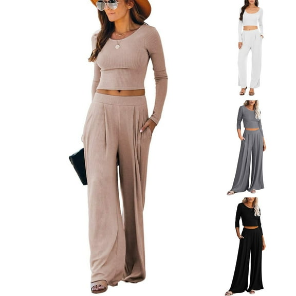 Jinhomg Women's 2 Piece Casual Lounge Sets Fall Comfy Long Sleeve Crewneck Crop Tops and Straight Leg Pants Lightweight Matching Loungewear White XXXL