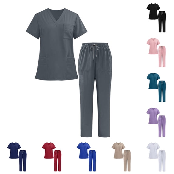 Jinhomg Women's 2 Piece Lounge Sets Outfits Solid Color V-Neck Short Sleeve Work Tee And Long Pants Scrubs Set Outfits Navy,S