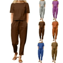 Jinhomg Women's 2 Piece Outfits Fashion Solid Color Lounge Sets Short Sleeve Round Neck Tops And Drawstring Pants Khaki,S