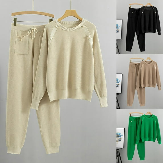 Jinhomg Women's 2 Piece Outfits Sweater Sets Casual Solid Cotton Knit Matching Lounge Set Comfy Long Sleeve Crewneck Pullover with Drawstring Waist Pant Beige Free Size