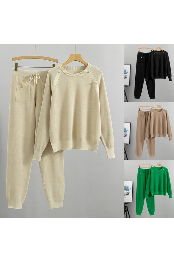 Women's 2 Piece Outfits Sweater Sets Casual Solid Cotton Knit Matching Lounge Set Comfy Long Sleeve Crewneck Pullover with Drawstring Waist Pant Black Free Size