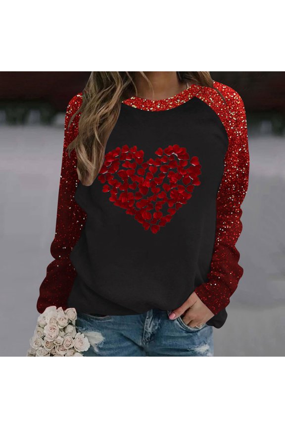 Women's Holiday Tops Valentine's Day Sparkle Sequin Heart Sweatshirt Casual Loose Long Raglan Sleeve Round Neck Pullover Daily Wear Red XXXL