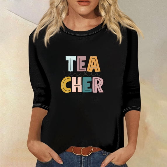 Jinhomg Women's 3/4 Length Sleeve Tunic Tops Trendy Letter Print Round Neck Tee Shirt Fall Plus Size Comfort Pullovers Fall Giving Black#4 XXL