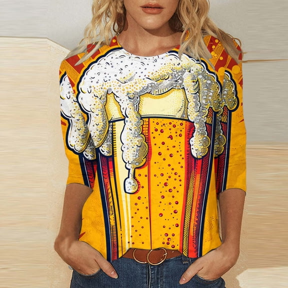 Jinhomg Women's 3/4 Sleeve Holiday Tees Novelty Beer Pattern T Shirts Fall Winter Lightweight Cozy Holiday Tunic Tops Orange M