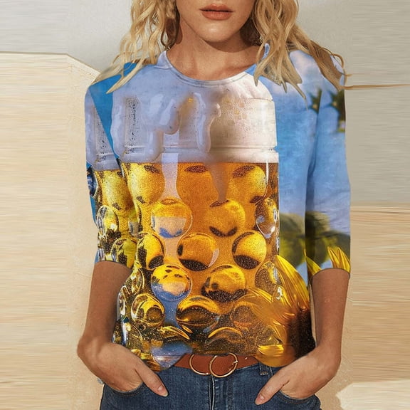 Jinhomg Women's 3/4 Sleeve Holiday Tees Novelty Beer Pattern T Shirts Fall Winter Lightweight Cozy Tunic At Home Blue M