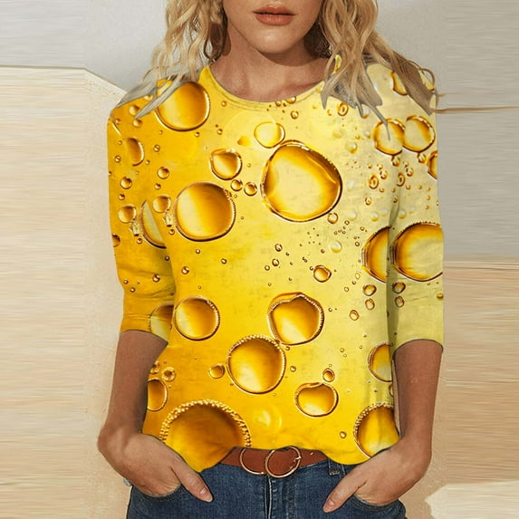 Jinhomg Women's 3/4 Sleeve Holiday Tees Novelty Beer Pattern T Shirts Fall Winter Lightweight Cozy Tunic At Home Prime Day 2024 Yellow XL