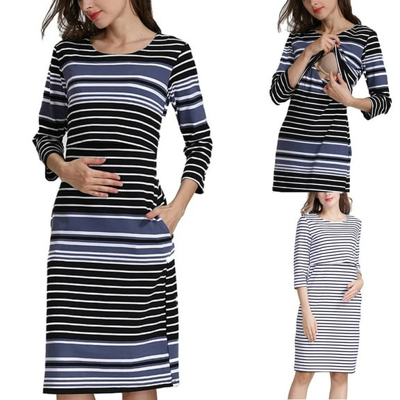 Jinhomg Women's 3/4 Sleeve Nursing Dress Fall Comfy Striped Print Midi Bodycon Dress Casual Pregnancy Breastfeeding Dress with Pockets Spring Saving Today Black M