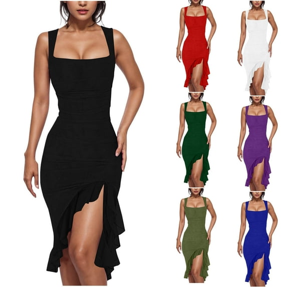 Jinhomg Women's Bodycon Dresses Sleeveless Ruched Midi Dress Fashion Square Neck Side Slit Tank Dress Ruffle Hem Club Party Dresses White XL