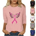 thumbnail image 1 of Jinhomg Women's Breast Cancer Awareness T Shirt Dressy Pink Ribbon Graphic Holiday Tees Casual Cozy 3/4 Sleeve Tunic Blouse Inspirational Fight Cancer Pullovers Summer Saving Black M, 1 of 4