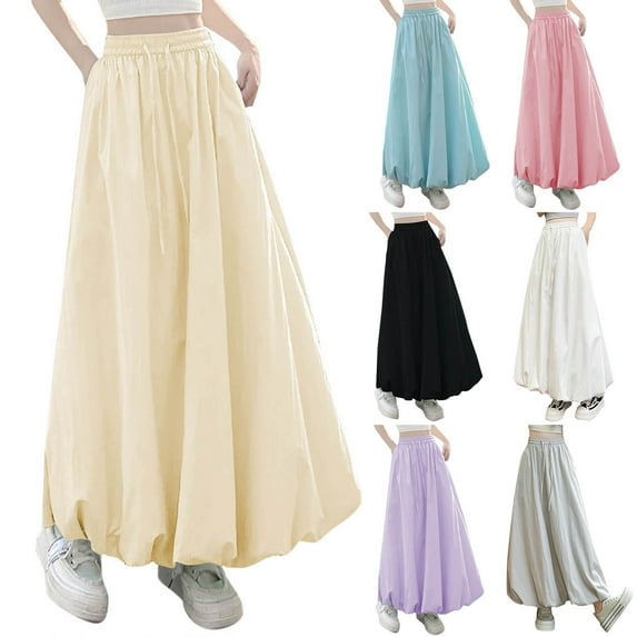 Jinhomg Women's Bubble Skirt Casual Elastic Waist Maxi Skirts 2025 Trendy A Line Long Skirt Teen Girls Cute Summer Y2K Street Wear Blue XL