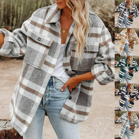 Jinhomg Women's Button Down Jacket Trendy Plaid Long Sleeve Brushed Coats Casual Fall Lapel Collared Outwear Shackets with Pocket Gray M