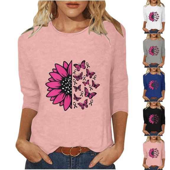 Jinhomg Women's Cancer Awareness T Shirts Novelty Pink Ribbon Graphic Tops Comfortable 3/4 Sleeve Tunic Pullovers Inspirational Breast Cancer Holiday Tee Shirts Black ang friday Deal Pink XXL