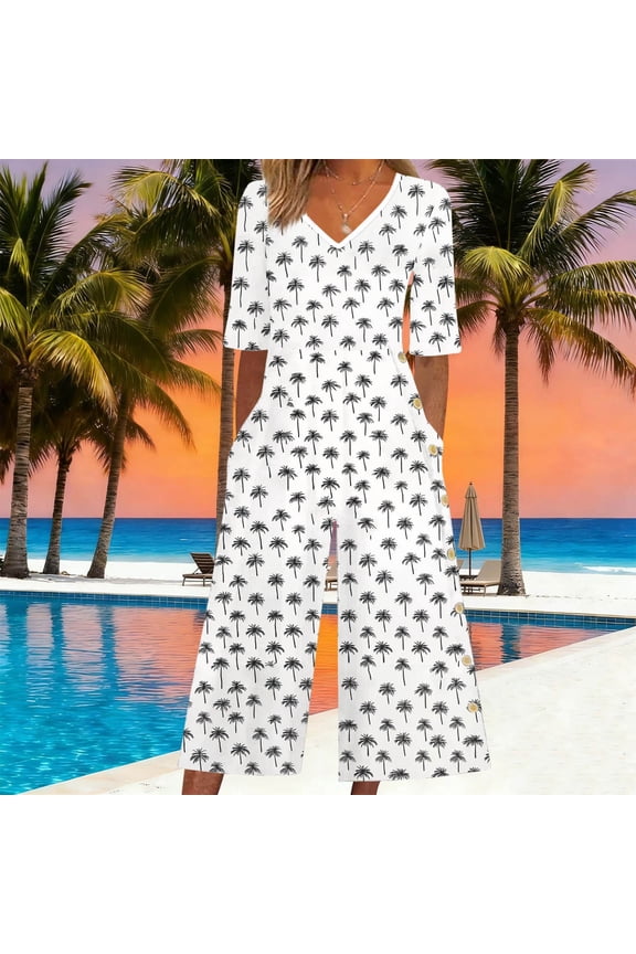 Women's Capri Jumpsuit Bohemia Fashion Printed Short Sleeves V-Neck Loose Comfy Wide Leg Dressy Casual Rompers White XXL