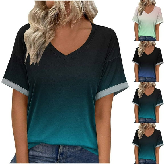 Jinhomg Women's Casual Blouse 2025 Novelty Fancy Gradient Tunic Tops Loose Fit Comfy Short Sleeve V-Neck Spring Summer Shirts Fashion Everyday Clothes Blue XXXL