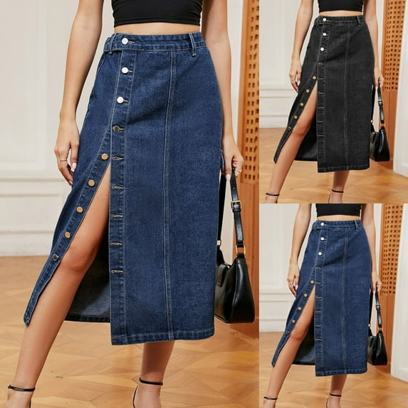 Jinhomg Women's Casual Denim Skirts 2025 Trendy Side Slit Button Up Jean Skirt Stretch Comfy High Waist Mid-Calf Length Skirts with Pockets Dark Gray L