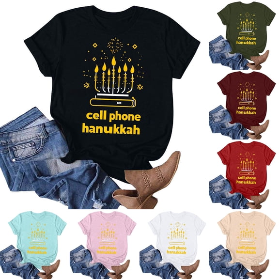 Jinhomg Women's Casual Spring T Shirt Funny Hanukkah Menorah Graphic Tees Jewish Love And Light Celebration Tops Short Sleeve T-Shirts Deal of The Day Light Blue M