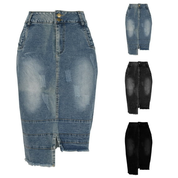 Jinhomg Vintage Denim Skirt for Women Casual Solid Irregular Hem Midi Skirts Plus Size Comfy High Waist Wrap Jean Skirt with Pockets Daily Wear Gray S