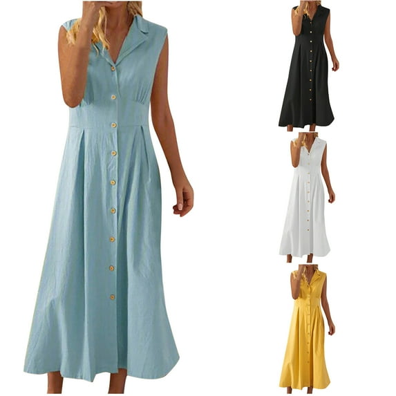 Jinhomg Women's Casual Tank Dress Lightweight Cotton Linen Maxi Dresses Plus Size Comfy Sleeveless Button Down Line Work Dress Black L