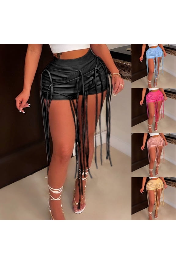 Women's Club Shorts 2025 Trendy Lace Up Tassel Leather Shorts Casual High Waist Criss Cross Shorts Night Party Short Pants Black XL