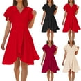 thumbnail image 1 of Jinhomg Women's Cocktail Dress Trendy Wrap V Neck A Line Dresses Flowy Swing Ruffle Short Sleeve Midi Dress formal Wedding Guest Dress Red L, 1 of 10